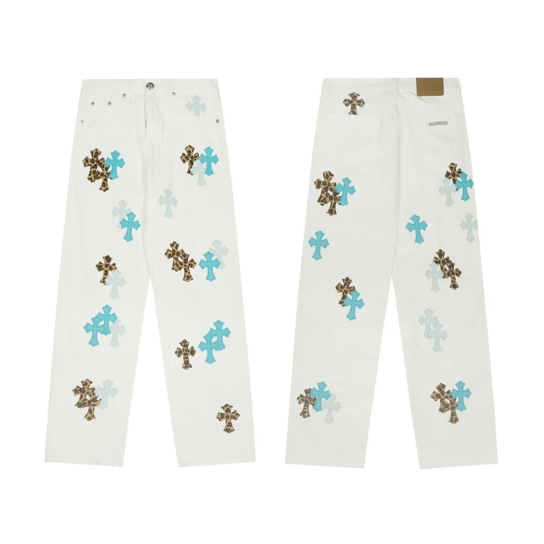 P260 💰 (Top version) Chrome Hearts/Chrome Hearts Classic daytime blue cow series colored leather cross washed color fabric unisex denim trousers Vibe style straight stacked god-level version Carbon fine bias denim color cloth Old vintage complete set of hardware - Chrome Hearts white cow series The high version uses high-ounce custom fabrics, fermentation washing and soft color fixation, soft and thick to wear, the details are all made by hand-polished craftsmanship, all-over printed jacquard fabric Unique design style. Through multiple processes to create a full retro feel. Unique niche non-contrast shirt. Customized distressed spray-painted buttons. Craftsmanship in every detail. Color: blue leather leopard print. Size: 28-30-32-34 (corresponding to S-M-L-XL)